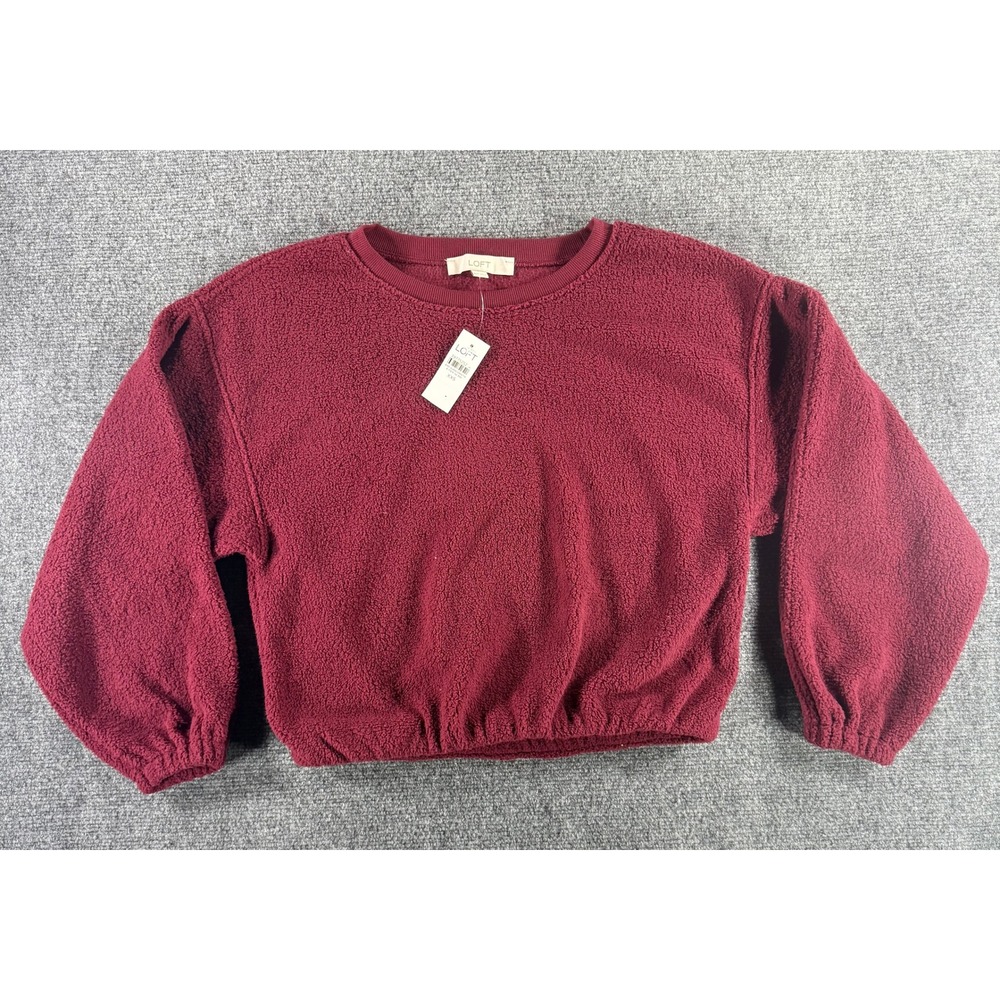 Loft Womens Burgundy Sherpa Fleece Sweatshirt Elastic‎ Hem Crew Neck XXS New